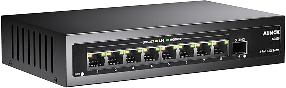 Aumox 8 Port 2.5G Network Unmanaged Switch with 1x10G SFP, 8 x 2.5G Base-T Ports, 60Gbps Switching Capacity Ethernet Switch, Compatible with 100/1000/2500Mbps, Plug & Play, Desktop/Wall-Mount, Fanless