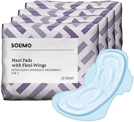 Amazon Brand - Solimo Thick Maxi Pads with Flexi-Wings for Periods, Extra Heavy Overnight Absorbency, Unscented, Size 5 (Pack of 80)