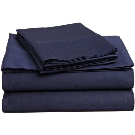 100% Egyptian Cotton, 300 Thread Count; Deep-fitting pocket, Soft & Smooth 4-Piece Queen Sheet Set, Solid Navy Blue