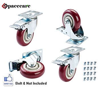 SPACECARE 4 Pack of 4" Swivel Caster Polyurethane Wheels Base with Brake Top Plate & Double Ball Bearing 300lb Each (4)