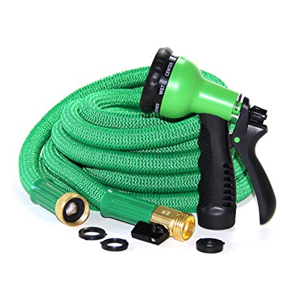 50 Ft Kink Free TRIPLE Latex Core - Green Expanding Garden Hose - Ultra Durable Inner Tube, Commercial Grade Brass Connectors, Lightweight, 3 Spare Washers And BONUS 8 Setting Spray Nozzle Included!
