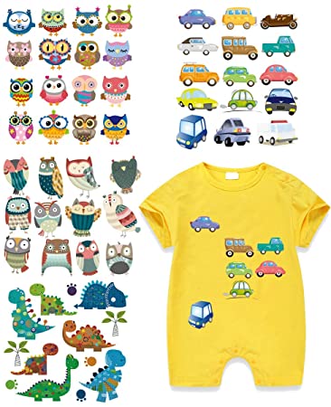 Baby Iron On Stickers-4 Set Heat Transfer Patches with Dinosaur Car Bird Cartoon Appliques Waterproof DIY for T-Shirt,Jackets,Bags,Baby Clothes