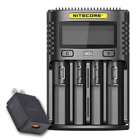 NITECORE UMS4 Intelligent USB Four Slot Quick Battery Charger for Li-Ion/Ni-MH/Ni-Cd/IMR 16340 14500 18650 21700 20700 AA AAA and More Batteries, with LumenTac QC3.0 Charging Adapter