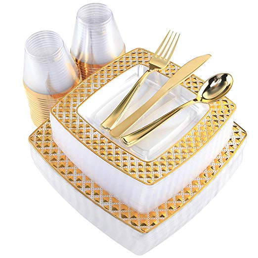 WDF 150PCS Gold Plastic Plates with Disposable Plastic Silverware&Cups, Diamond Square Clear Plastic Tableware include 25 Dinner Plates, 25 Salad Plates, 25 Forks, 25 Knives, 25 Spoons, 25 Cups