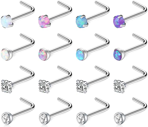 Zolure 18G Surgical Steel 1.5mm 2mm 2.5mm 3mm Jeweled Opal & Clear CZ Nose L-Shaped Rings Studs Ring Body Piercing Jewellery 8-16PCS