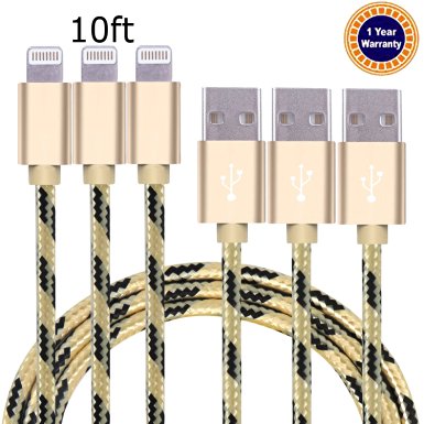 Jricoo 3pcs 10FT Lightning Cable Popular Nylon Braided Charing Cable Extra Long USB Cord for iphone 6s, 5SE, 6s plus, 6plus, 6,5s 5c 5,iPad Mini, Air,iPad5,iPod on iOS9.(gold black).