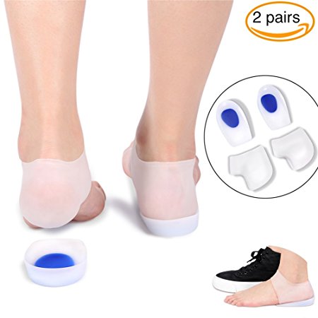 Gel Heel Cups Inserts and Compression Heel Sleeves Socks--2 Pairs, Foot Ankle Pain Relief for Plantar Fasciitis Spurs Pads Cracked Heels Achilles Tendonitis, Heel Protection Cushion Shock Absorption