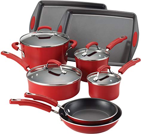 Rachael Ray Classic Brights Porcelain 12-Piece Cookware Set with Bakeware, Red Gradient