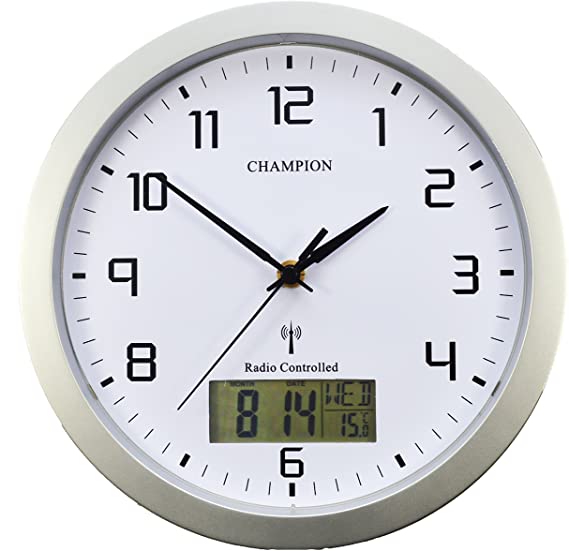 Champion 25cm MSF Radio Controlled Quartz wall clock with inset LCD display with day/date - Silver