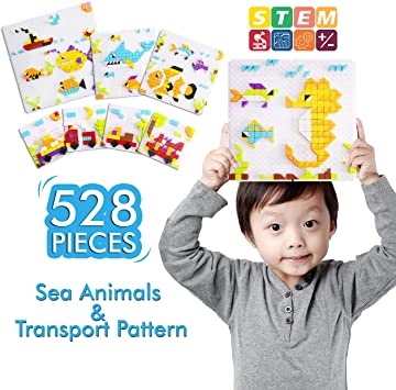 WISESTAR 528PCS Vehicle & Sea Animal Pattern Block Mosaic Puzzle Playset for Kids with 9 Boards, Transport STEM DIY Building Blocks Toy for 4 5 6 7 8 Year Old Boys Girls,as Learning Tool Birthday Gift