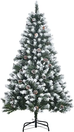 HOMCOM Árbol de Navidad Artificial 150 cm con 676 Ramas y 41 Piñas Hojas de PVC con Efecto de Nieve Apertura Automática Base Plegable y Soporte Metálico para Interiores Verde