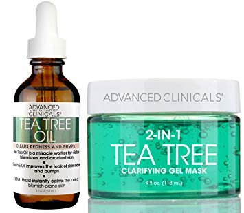 Advanced Clinicals Tea Tree oil Set. Tea Tree Face oil and Tea Tree Oil Mask for pores, dry skin, redness for smooth, clear skin. 1.8oz face oil. 4oz mask