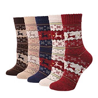 Yomiie Womens Wool Socks Warm Crew Winter Fun Cute Knit Valentine Gift Snowman Deer Pattern Vintage Style for Girls 5 Pairs
