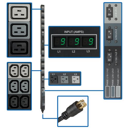 Tripp Lite Metered PDU, 30A, 48 Outlets (36 C13, 6 C19, 6 5-15/20R), 208/120V, L21-30P, 0U Vertical Rack-Mount Power, TAA (PDU3MV6L2130)