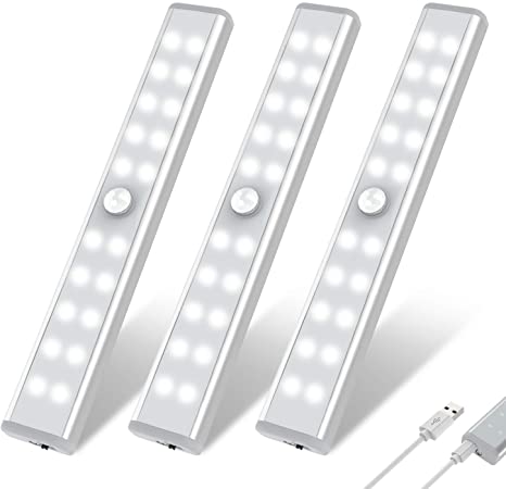 20 LED Closet Light, OxyLED Motion Sensor Closet Lights, Wireless Under Cabinet Lights, USB Rechargeable Stick-on Stairs Step Light Bar, LED Night Light, Safe Light for Wardrobe, Kitchen (3 Packs)