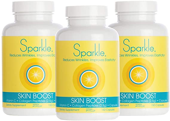 Sparkle Skin Boost Collagen Capsules 3-Pack (180 Pills Each Bottle) 30 Days Featuring 2500mg Verisol Bioactive Collagen Peptides
