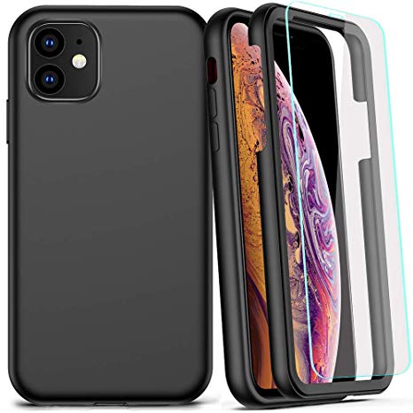 COOLQO Compatible for iPhone 11 Case, 360 Full Body Coverage Hard PC Soft Silicone TPU 3in1 Shockproof Matte Phone Cover Certified Military Protective with [2 x Tempered Glass Screen Protector]-Black