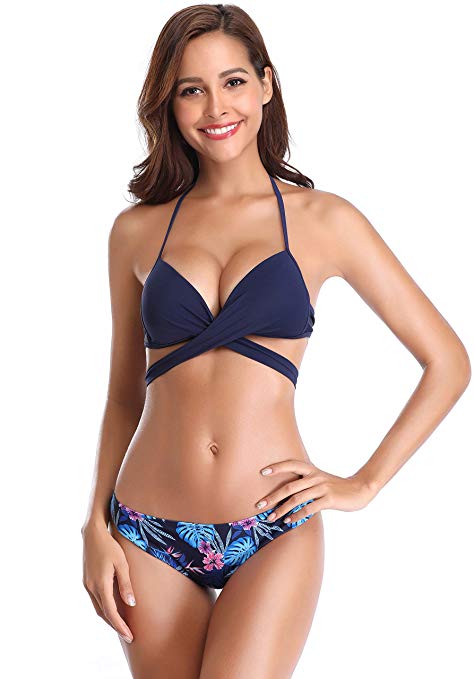 SHEKINI Women's Side Tie Bottom Bathing Suit Push up Triangle Bikini Set