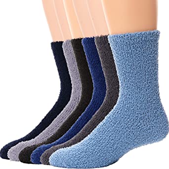 6 Pairs Fuzzy Socks Non Slip / Skid Hospital Slipper Socks with Grips Unisex Warm Fluffy Winter Sleep Socks