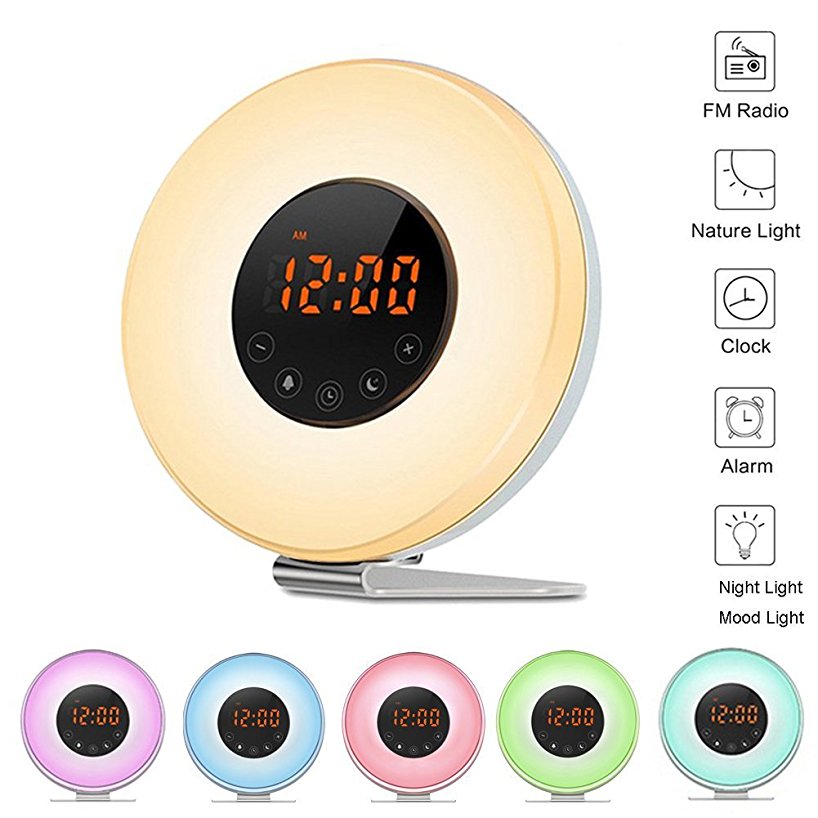 Wake Up Light Sunrise Alarm Clock Simulation [2017 Upgraded] with 6 Nature Sounds and FM Radio 7 Color Dimmable Atmosphere Light Touch Control Bedside Nightlight Reading Lamp by JINGOU