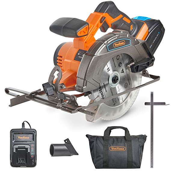 VonHaus Cordless Circular Saw with 3.0Ah Li-ion 20V Max Battery, Charger, 1 x 165mm/6 ½" TCT Tip Blade & Power Tool Bag - Includes Ergonomic Rubber Grip & Variable Cutting Angle/Depth