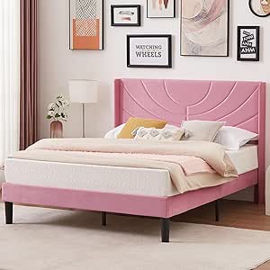 VECELO Queen Size Upholstered Platform Bed Frame with Fabric Headboard,Wooden Slats Support/No Box Spring Needed/Mattress Foundation/Easy Assembly,Pink