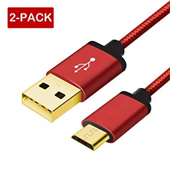 [2-Pack] Benicabe 6ft / 1.8m Nylon Braided Tangle-Free Micro USB Cable with Gold-Plated Connectors and Velcro Straps for Android, Samsung, HTC, Nokia, Sony and More (Red)