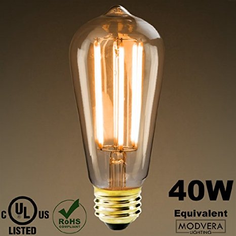 Modvera LED Antique Filament Bulb Edison ST19/ST58 Style 6 Watt 40W Equivalent 2200K Vintage Warm White Color Temp E26 Base Dimmable Amber Glass Finish UL Listed RoHS Compliant