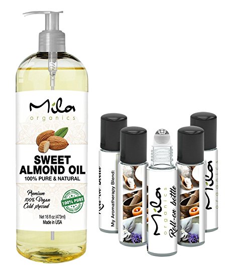 Mila Organics SWEET ALMOND OIL - VITAMIN E OIL FOR SKIN, HAIR, Massage, Aromatherapy, Essential Oil, Sweet Almond Oil Cold Pressed 16 FL oz. by Mila Organics   5 Roll Ons