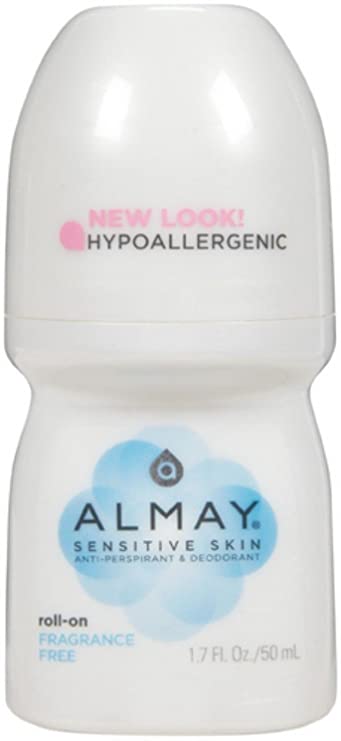 Almay Anti-Perspirant& Deodorant, Sensitive Skin, Roll-On, Fragrance Free 1.7 oz (Pack of 4)