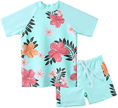 Girls Two Piece Swimsuit Floral UPF 50  Rash Guard Set Kids Swimwear