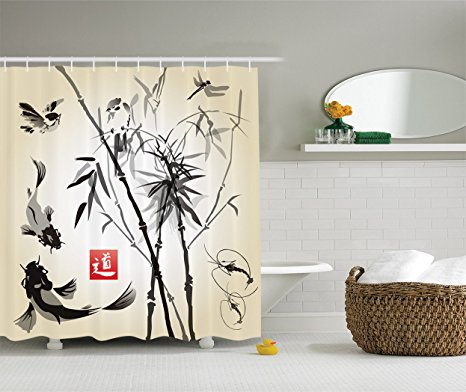 Ambesonne Traditional Japanese Decor Collection, Bamboo in The Bird and Fish Hand-drawn with Ink Image, Polyester Fabric Bathroom Shower Curtain Set with Hooks, Black Gray Ivory