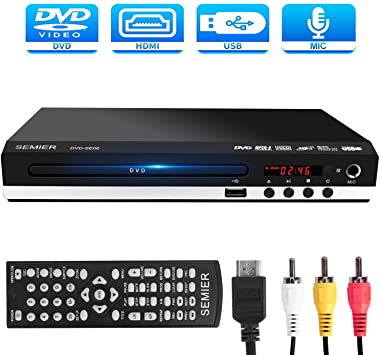 SEMIER DVD Player for TV, Compact Region Free Video DVD CD/Disc Player, HDMI/AV Cables Included, HD 1080P, Built-in PAL/NTSC, USB/MIC Input, Coaxial Port, Remote Control