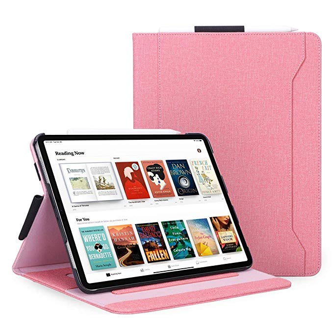 Skycase iPad Pro 11 Case (2018), [Support Apple Pencil Charging] Auto Dormancy Canvas Multi-Angle Viewing Stand Folio Case for Apple iPad Pro 11 inch 2018 Release Version, with Card Holders, Pink