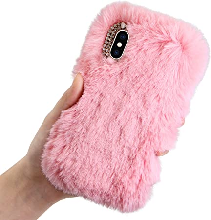 Plush Case for iPhone XR 6.1 inch 2018 Rabbit Fur Case,LCHDA iPhone XR Bunny Furry Fluffy Fuzzy Phone Case for Girls Cute Winter Warm Hair Soft TPU Back Case Cover with Luxury Diamond Bowknot-Pink