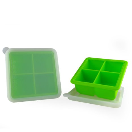MIREN 2 Inch Large Premium Silicone Ice Cube Tray with Lid,4 Cube,Set of 2, Green