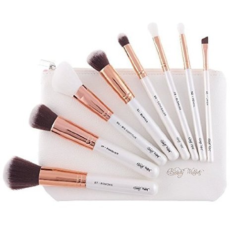 Beauty Widgets - Rose Gold Makeup Brush Set - 8 Professional Luxury Brushes - Premium Soft Synthetic Bristles - White Pearlized Handles - Pink Lined Zipped Waterproof White Cosmetic Bag