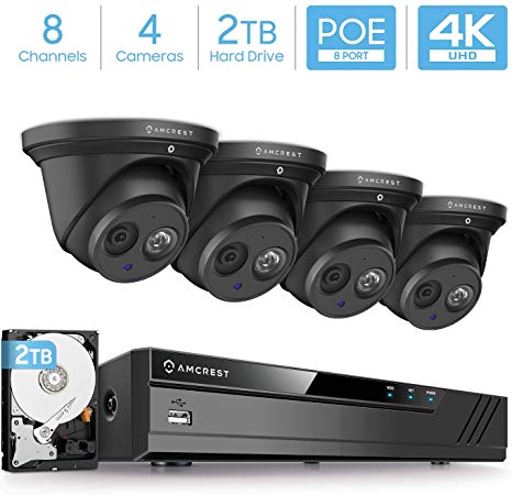 Amcrest 4K Security Camera System w/ 4K 8CH PoE NVR, (4) x 4K (8-Megapixel) IP67 Weatherproof Metal Turret Dome POE IP Cameras (3840x2160), Pre-Installed 2TB HDD, NV4108E-IP8M-T2499EB4-2TB (Black)