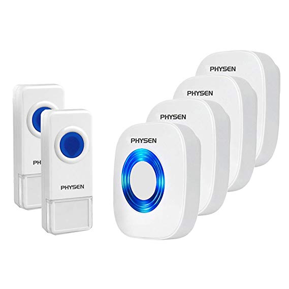 Physen Model CW Waterproof Wireless Doorbell kit with 2 Push Buttons and 4 Plugin Receivers,Operating at 1000 feet Long Range,4 Volume Levels and 52 Melodies Chimes,No Battery Required for Receiver