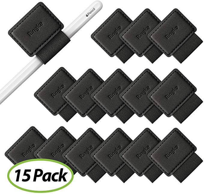 Ringke Pen Holder [15 Pack] for Apple Pencil, Journal, Notebooks, and More - 3M Self Adhesive PU Leather Durable Pen Loop with Elastic - Black