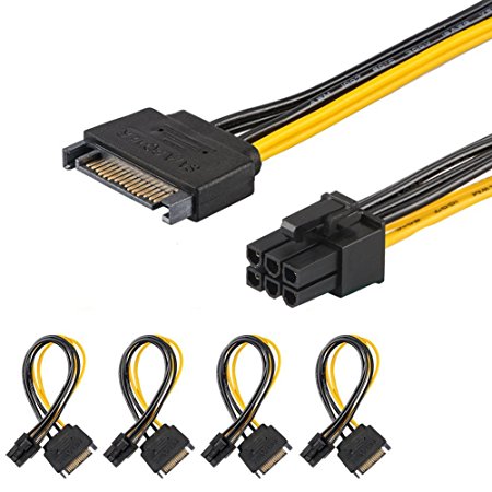 [4 Pack] J&D SATA 15 Pin to 6 Pin PCI Express (PCIe) Graphics Video Card Power Cable Adapter (20 cm)