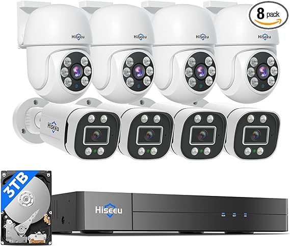 [355°Pan 90°Tilt Person/Vehicle Detection] Hiseeu 3K PTZ Wired Security Camera System 8ch 5MP H.265  DVR 8PCS TVI Cameras 3TB HDD Home CCTV Camera System Outdoor&Indoor,Night Vision,24/7 Record