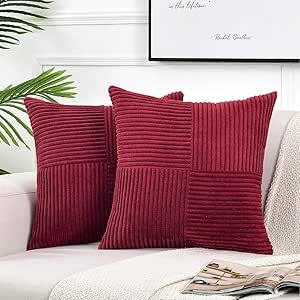 Fancy Homi 2 Packs Burgundy Red Decorative Throw Pillow Covers 20x20 Inch for Living Room Couch Bed Sofa, Farmhouse Boho Home Decor, Soft Corss Corduroy Patchwork Accent Cushion Case 50x50 cm