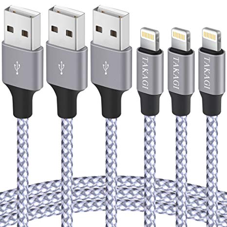 TAKAGI Phone Charger 3PACK 6Feet Extra Long Nylon Braided USB Charging Cable High Speed Connector Data Sync Transfer Cord Compatible iPhone Xs MAX/XR/XS/X/8/7/Plus/6S/6/SE/5S/5C/iPad/iPod