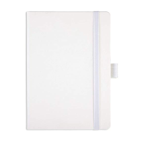 TDP Journal Notebook, Dotted, A5, Vegan Leather Hardcover, 120gsm, 183 Numbered Pages, Pen Holder, Back Pocket - White Cottonstem