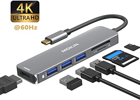 USB C to HDMI Adapter, MOKiN 6 in 1 USB C Hub 4K @60Hz for MacBook Pro 2020/2019/2018, MacBook Air 2020/2019/2018, Ipad Pro 2020, Surface Pro 7, Dell XPS 13 15, USB-C to 4K HDMI, SD/TF and 3 USB Ports