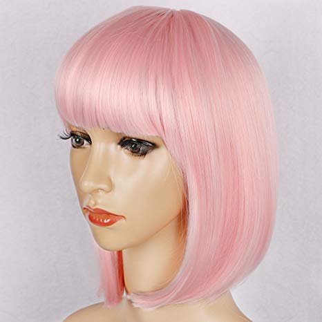 Colorful Bird Short Straight Pink Bob Wig with Flat Bangs Synthetic Pastel Bob Wig for Women Cosplay Daily Party Wig Heat Resistant (Pink,12 inches)