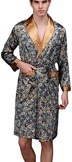 FLYCHEN Men's Floral Long Kimono Lightweight Satin Belted Silk Dressing Gown Loungewear