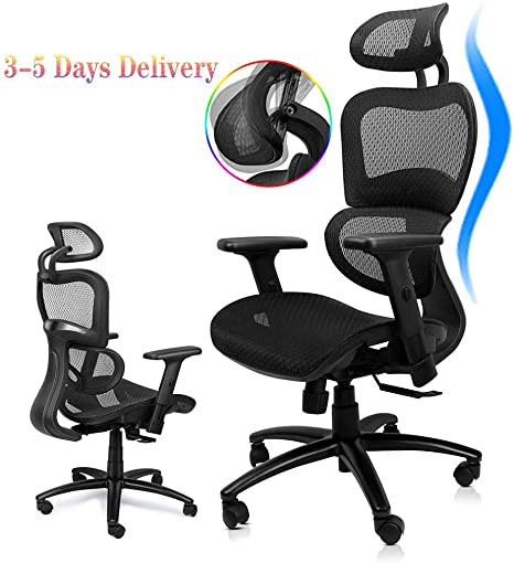 Komene Ergonomic Mesh Office Chair, High Back Desk Chairs with Adjustable Headrest Backrest, 3D Flip-up Arms, Swivel Executive Chairs Lumbar Support, Tilt Function,Non-Slip PU Wheels Black