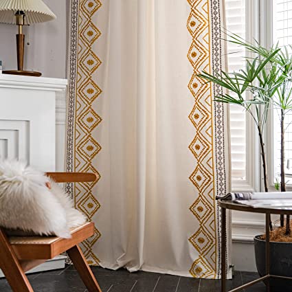 Lahome Embroidered Linen Living Room Curtains 63 Inch Length 2 Panels Set,Boho Gold Geometric Light Filtering Bedroom Drapes,Farmhouse Rod Pocket Window Treatment Home Decor